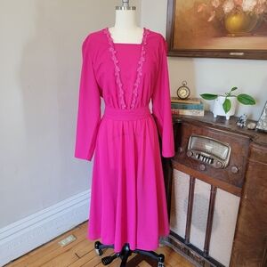 80s Vintage Fuschia Pink Long-Sleeve Dress Large